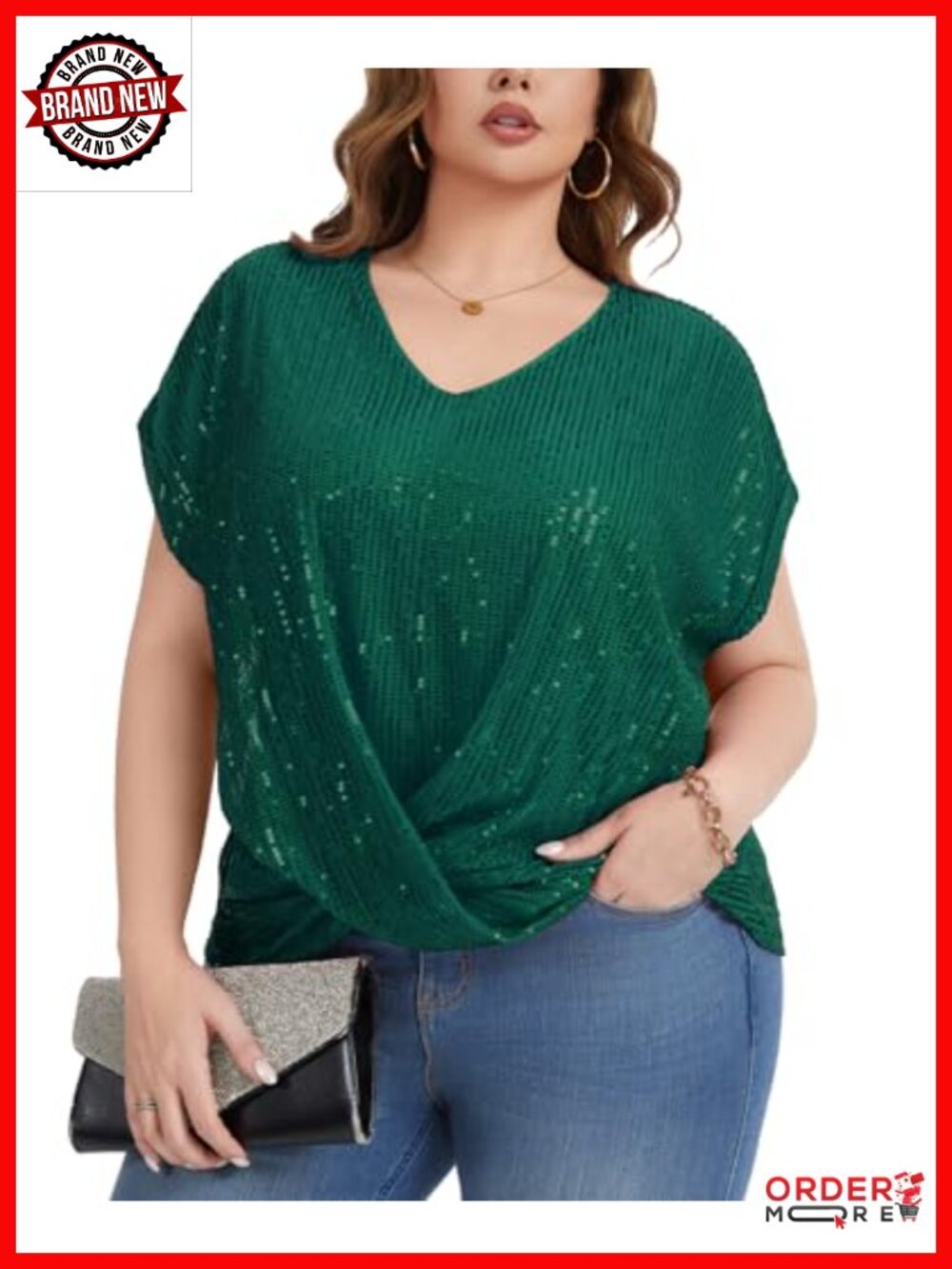 Plus Size Sequin Top Short Batwing Sleeve V Neck Tunic Blouse Fully Lined Dressy